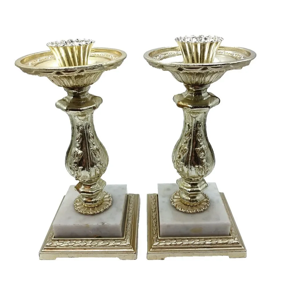 MCM Candle Holders Italian Marble Base Dilly Mfg Co. Gold Hollywood Regency 9